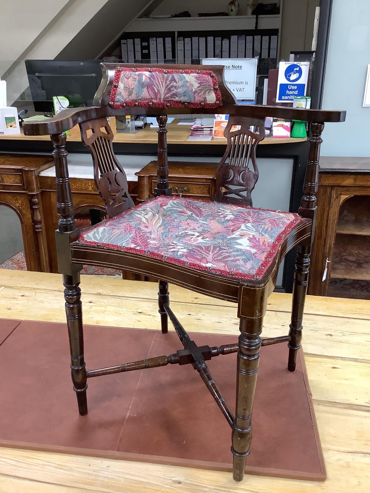 Two Edwardian mahogany tripod wine tables plus and Edwardian inlaid corner elbow chair, larger height 53cm